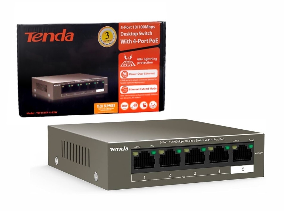 Switch Tenda PoE 4 10/100 +1 Poe puertos TEF1105P-4-63W