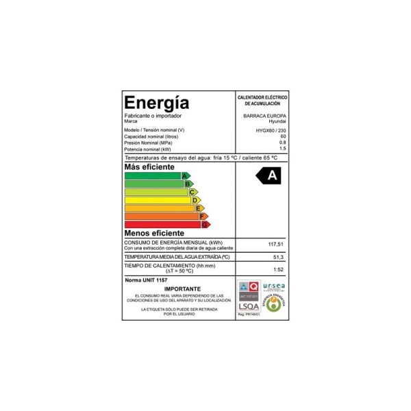 Calefon / Termotanque Hyundai Tanque Acero 60L Eficiencia B