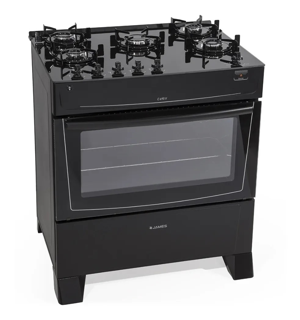 Cocina A Gas James 5 Hornallas Mesada de Vidrio C695V NEGRA