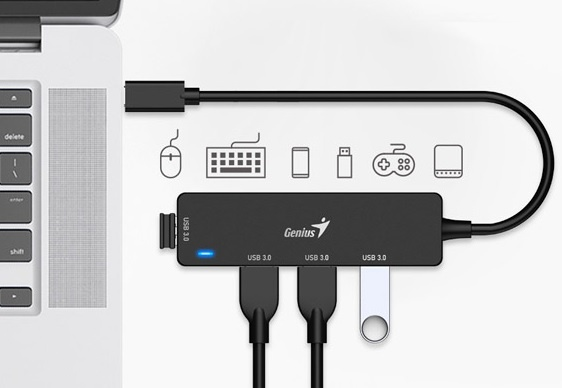 Hub Genius USB-C a 4 USB-A 3.0 Velocidad datos 625 MB/s.