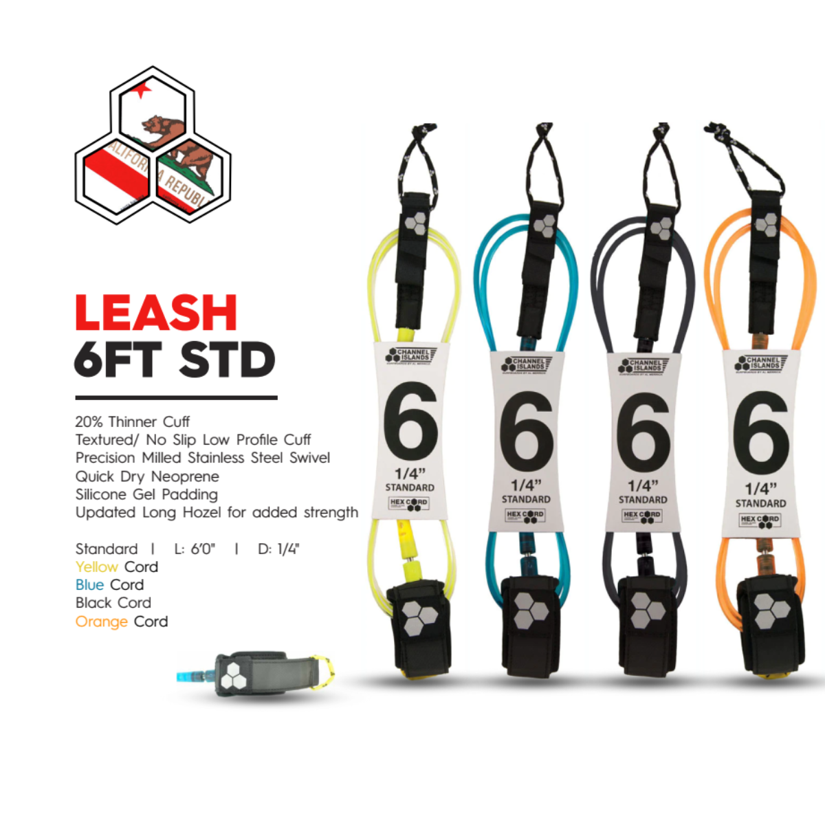 Leash Para Tabla De Surf 1,8M HEX CORD Amarillo