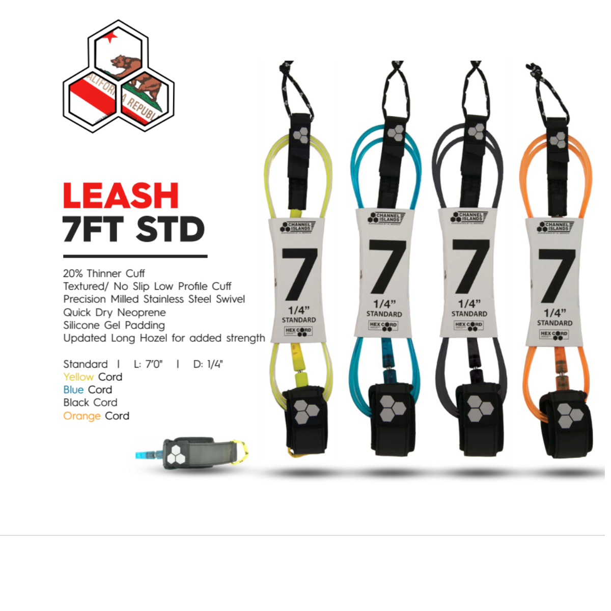 Leash Para Tabla Surf 2,1M HEX CORD Naranja CHANNEL ISLANDS