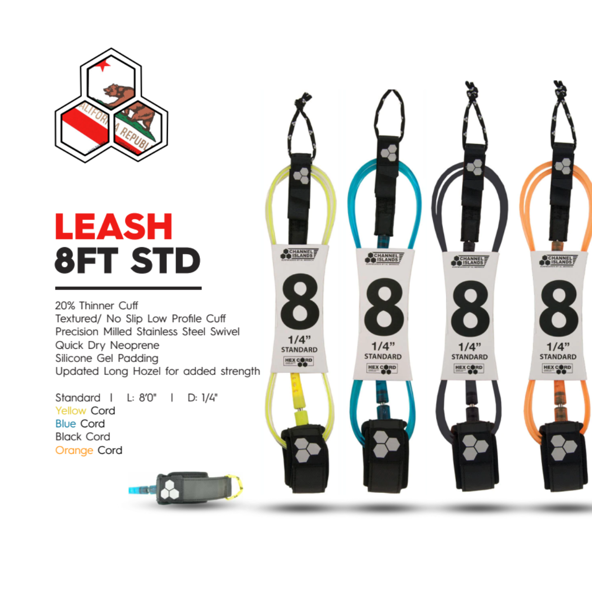 Leash Para Tabla Surf 2,4M HEX CORD Naranja CHANNEL ISLANDS