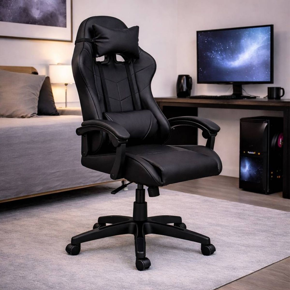 Silla Gamer Ergonómica Cuero Sintético Masaje Lumbar Negra Silla Gamer Ergonómica Cuero Sintético Masaje Lumbar Negra