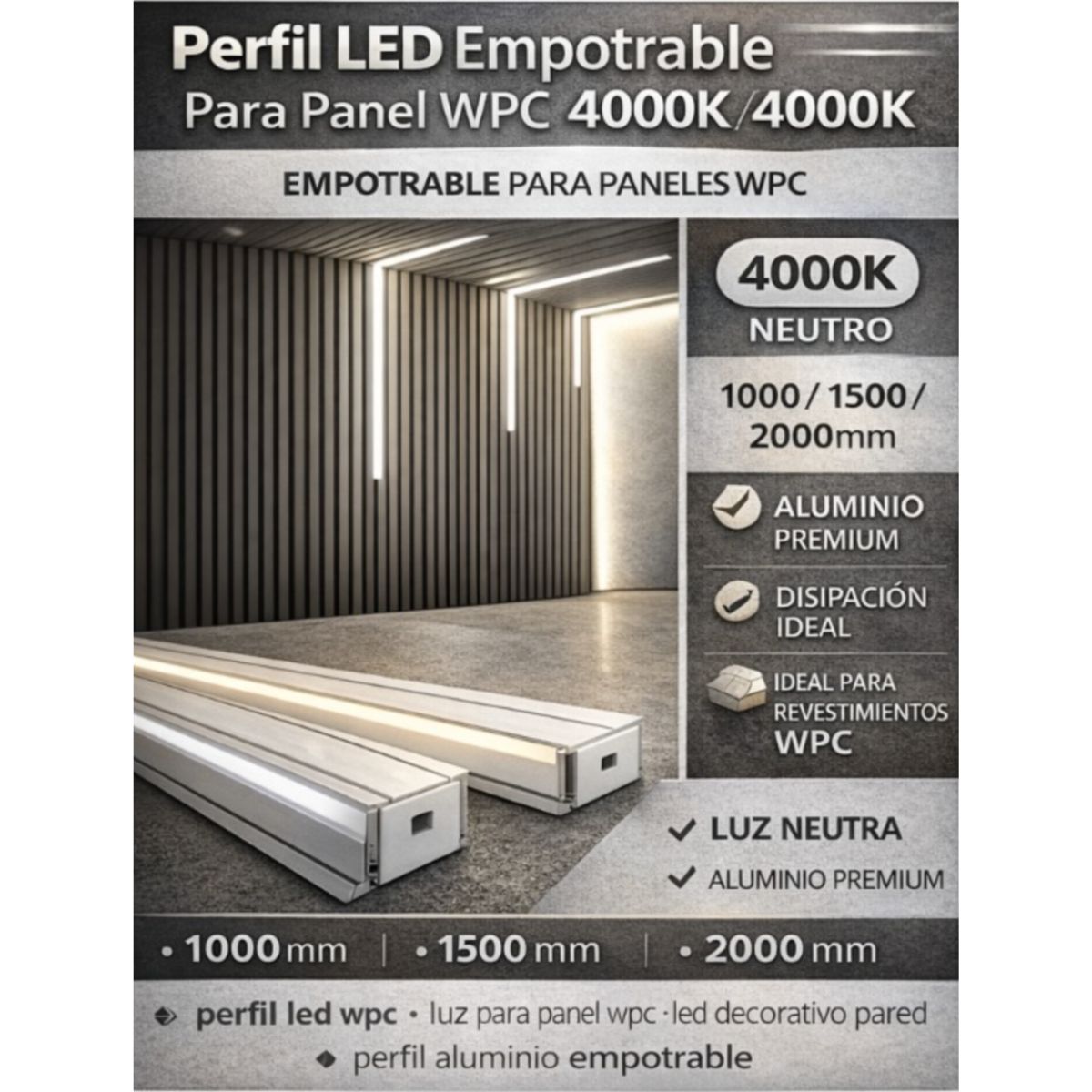 Copia - Luz Led NEUTRO Para Wpc Encastre, Luz De Wpc Panel 2 Metros