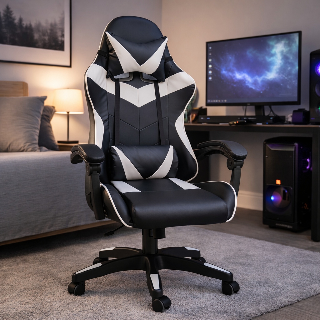 Silla Gamer Ergonómica Cuero Sintético Masaje Lumbar bk/wt