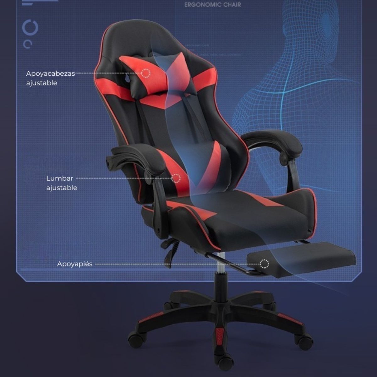 Silla Gamer SHOT-2025 Reclinable Y Masajeador Negra/Roja