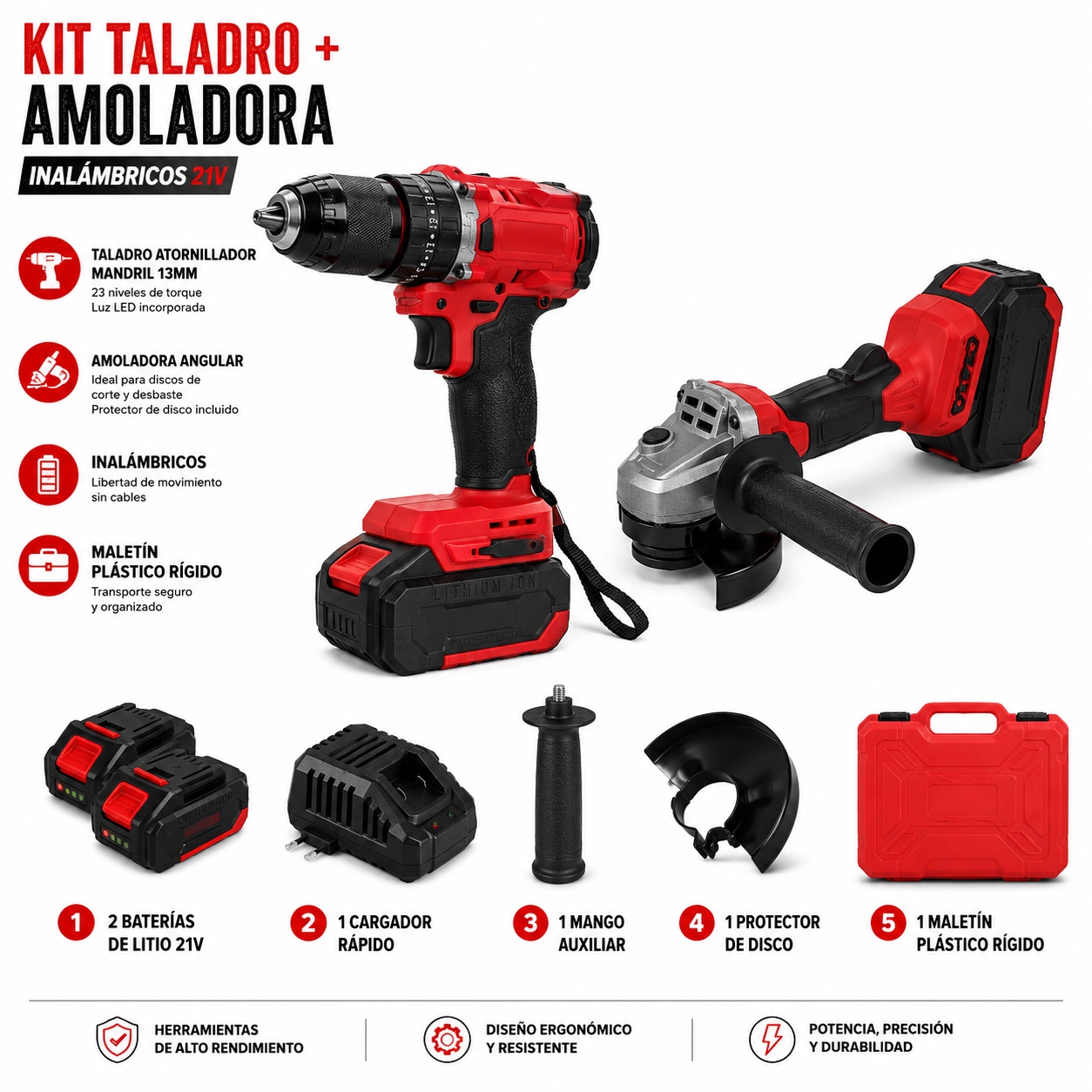 Kit Profesional de Taladro 13mm + Amoladora con 2 Baterias