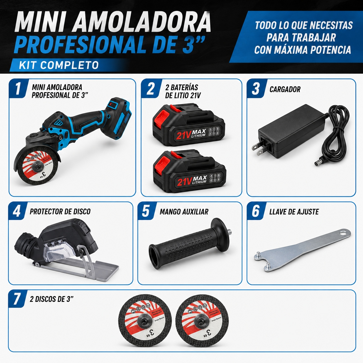 Mini Amoladora Profesional 3" + 2 baterias + cargador +Hojas Mini Amoladora Profesional 3" + 2 baterias + cargador +Hojas
