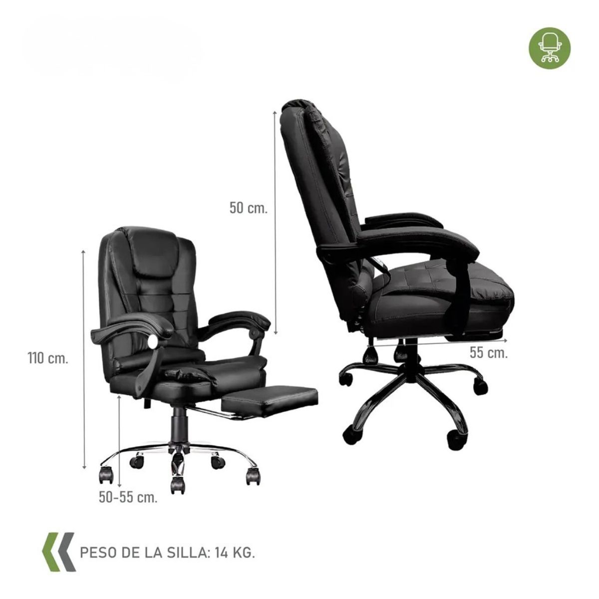 Silla ejecutiva cuero con apoya pies 2 puntos masajes NEGRA