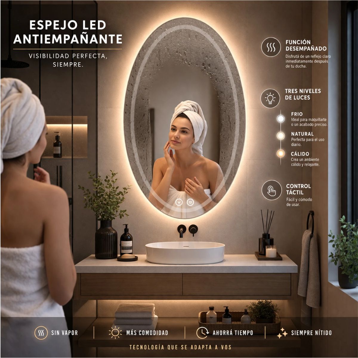 Copia - Espejo Rectangular Con Led Baño Led10 50 X 70 Cm Desempañador