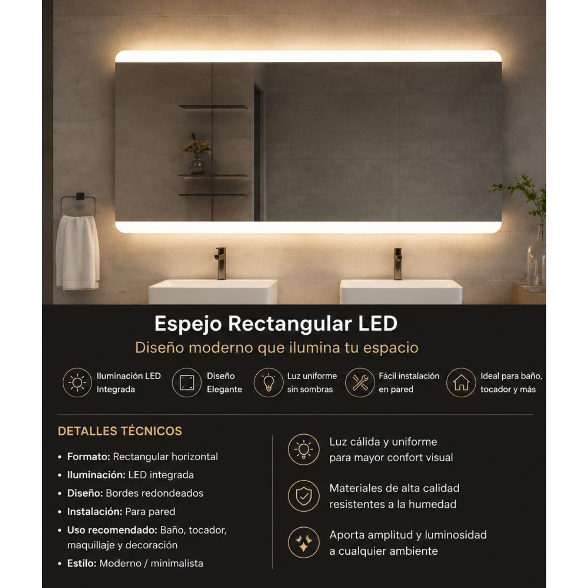 Copia - Espejo Rectangular Con Led Baño Led10 50 X 70 Cm Desempañador