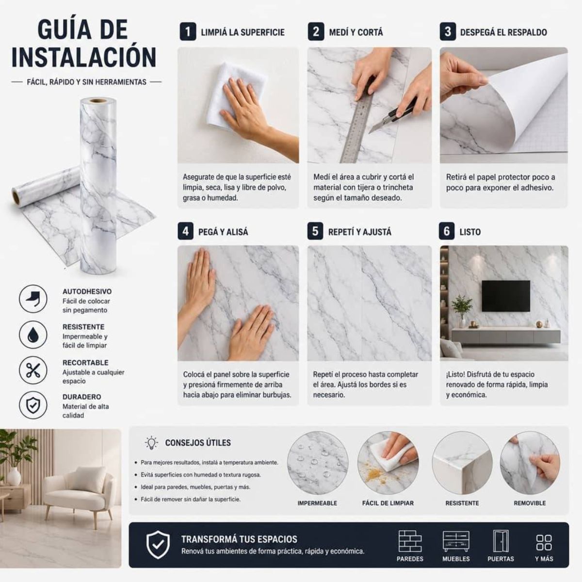 Copia - Placa Adhesiva Simil Marmol Rollo de 1.20 x 3 Metros BS-3769