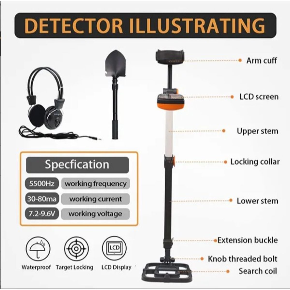 Detector De Metales Plegable Profesional Oro y Plata Naranja Detector De Metales Plegable Profesional Oro y Plata Naranja