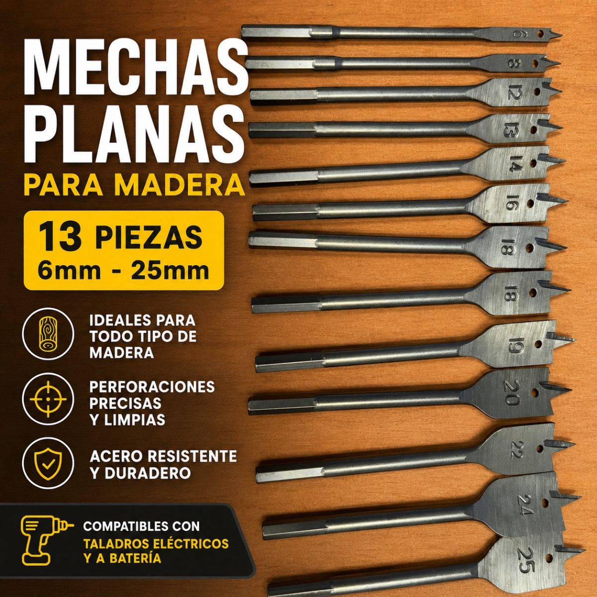 Set 12 Mechas Planas Para Madera, 6-28mm Industrial - Masaki Set 12 Mechas Planas Para Madera, 6-28mm Industrial - Masaki