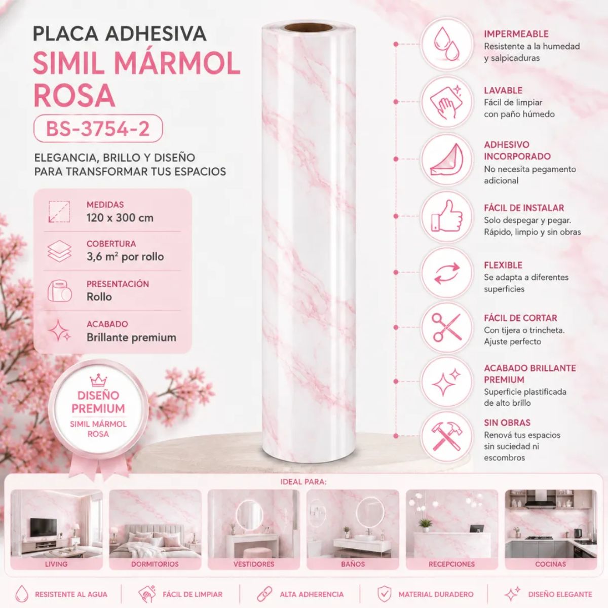 Copia - Placa Adhesiva Simil Marmol Blanco/Rosado Rollo de 1.20 x 3 Metros BS-3754-2