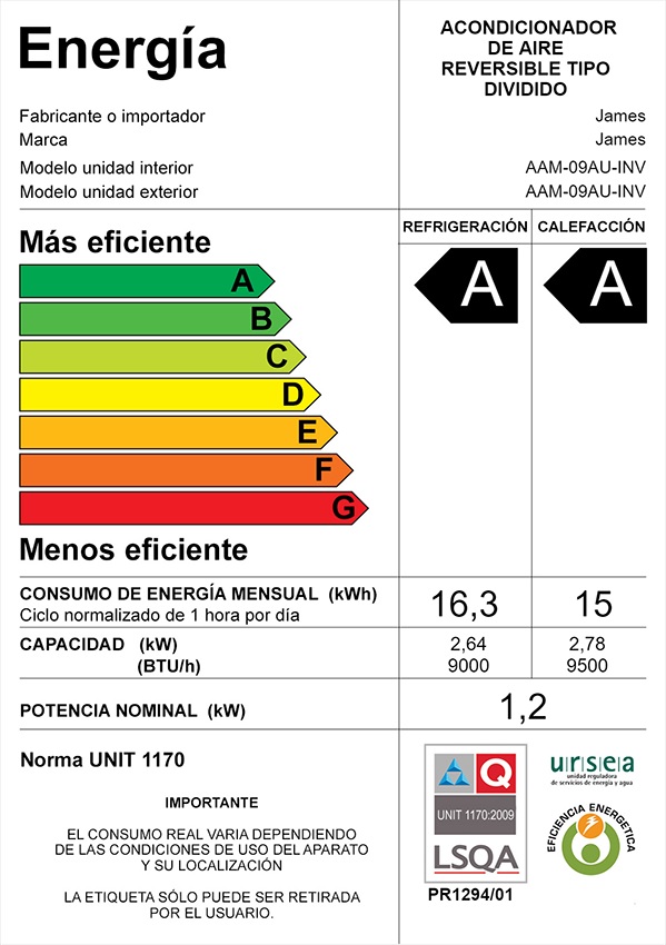 Aire Acondicionado James INVERTER 9000 Btu Clase A Con WIFI