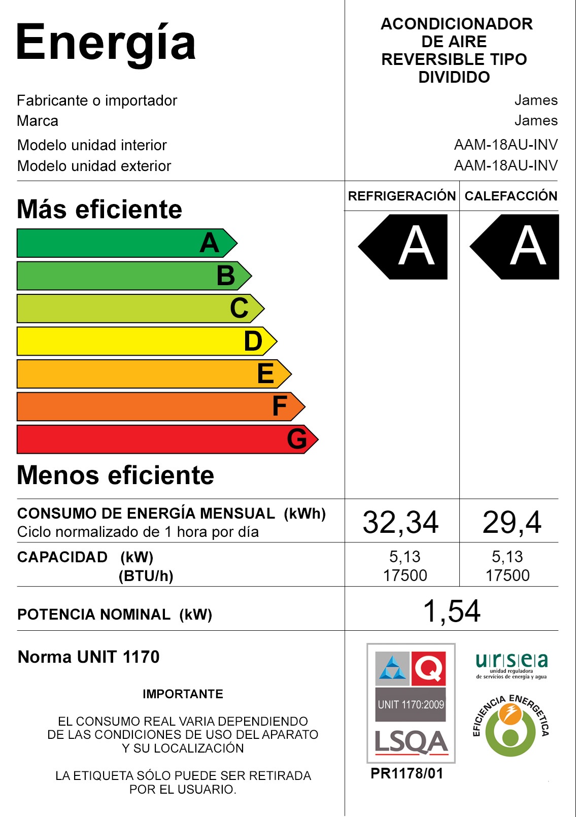 Aire acondicionado James Inverter 24000 BTU AAM-24 AU-INV Aire acondicionado James Inverter 24000 BTU AAM-24 AU-INV