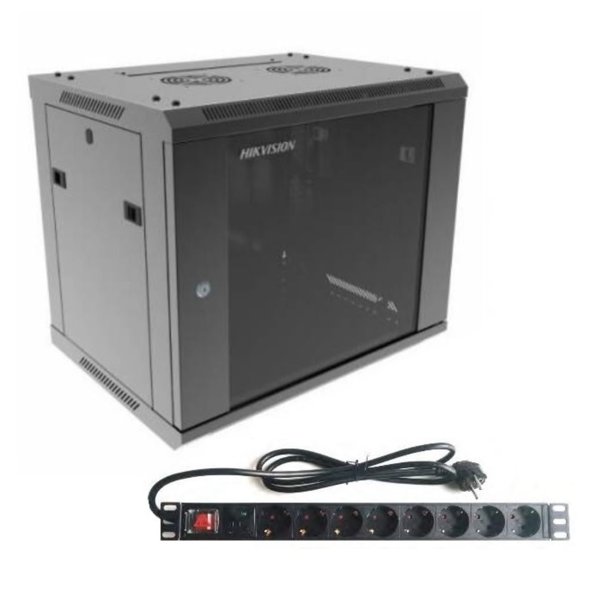Combo Rack Hikvision 9U + PDU 8 Tomas Schuko para Pared