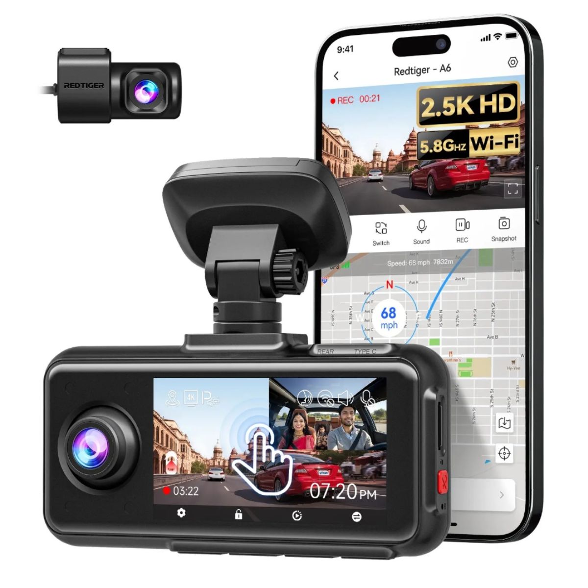 Dashcam Redtiger A6 3 Canales 4K/2.5K WiFi GPS Pantalla Táct