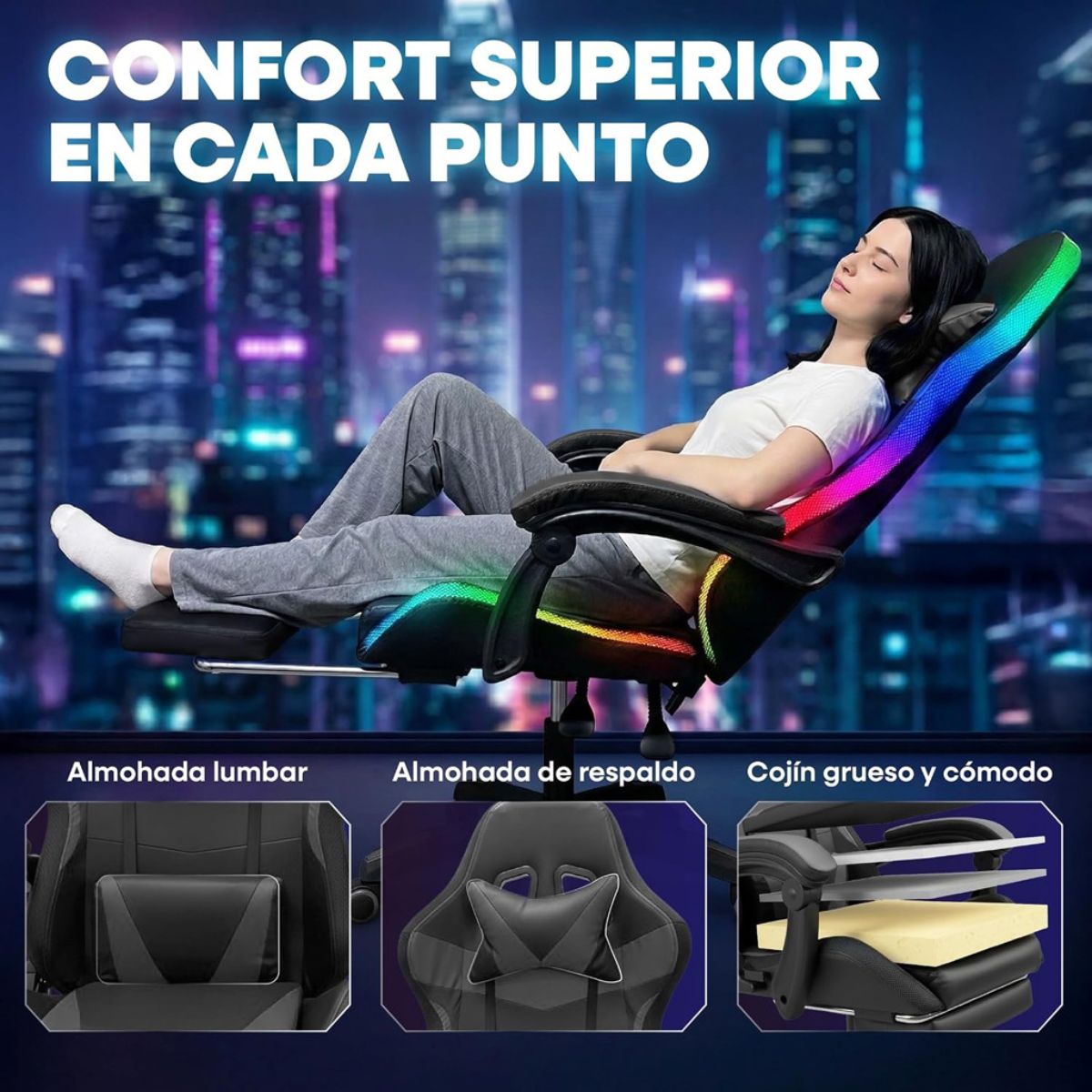 Silla Gamer HTI Ergonómica Luces RGB Apoyapíes Parlantes Neg