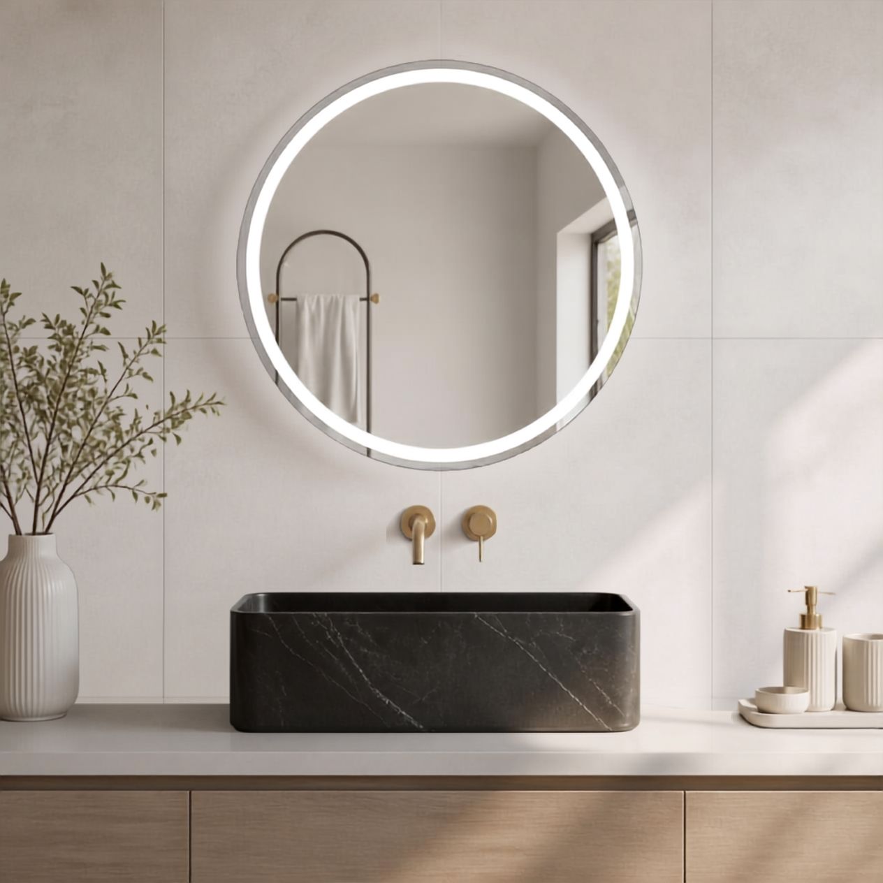 Espejo Led Redondo Y02 Para Baño Función Desempañado 60cm