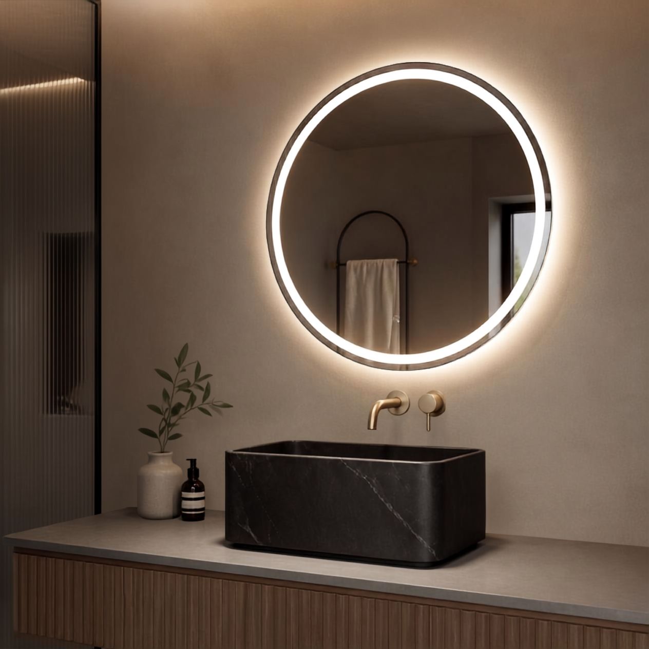Espejo Led Redondo Y02 Para Baño Función Desempañado 60cm