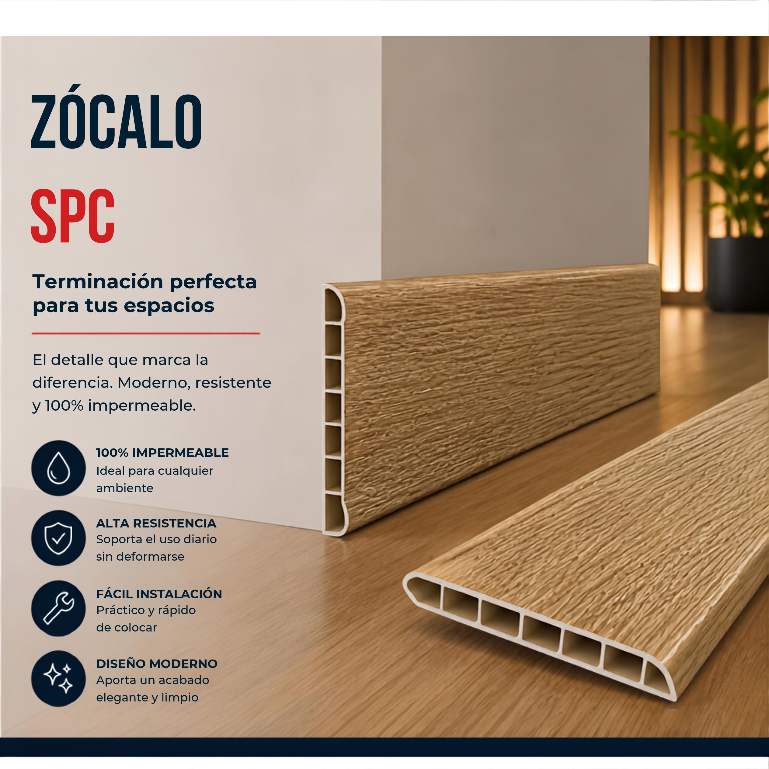 Zócalo SPC 05005 Símil Madera Blanco 2,40m Resistente al Agu Zócalo SPC 05005 Símil Madera Blanco 2,40m Resistente al Agu